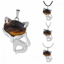 Tigers Eye Luck Fox Necklace for Women Men Healing Energy Crystal Amulet Animal Pendant Gemstone Jewelry Gifts