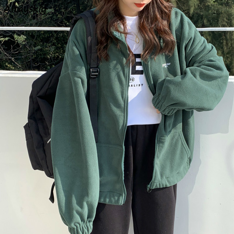 Women Zipper Pocket Jackets Letter Printed Long Sleeve Loose Lapel Jackets Plus Velvet Casual Autumn Winter Street Sweatshirts