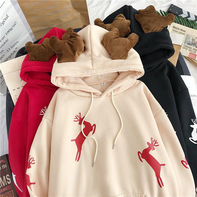 Merry Christmas gift Snow deer print Harajuku hoodie women winter jacket Red Kawaii sweatshirt Korean style Pullovers clothes