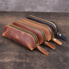 Genuine Leather Pencil Bag Vintage Pencil Case Portable Zipper Pencil Glasses Storage Box Stationery Holder Office Accessories