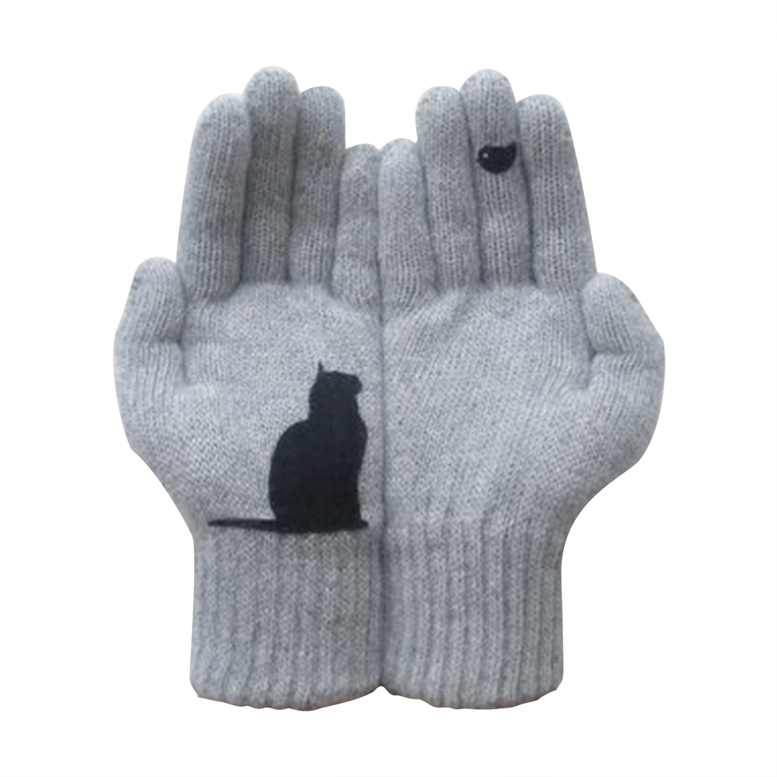 Cute Cat And Fish Print Keep Warm Winter Woolen Soft Gloves Fashion Women Gloves Ladies Outdoor Full Finger Gloves Mittens