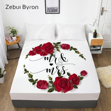 3D Custom Bed Sheet With Elastic,Fitted Sheet Red Rose Mr&Mrs For Wedding Mattress Cover, 200/150/160/180x200 bedsheet,drop ship
