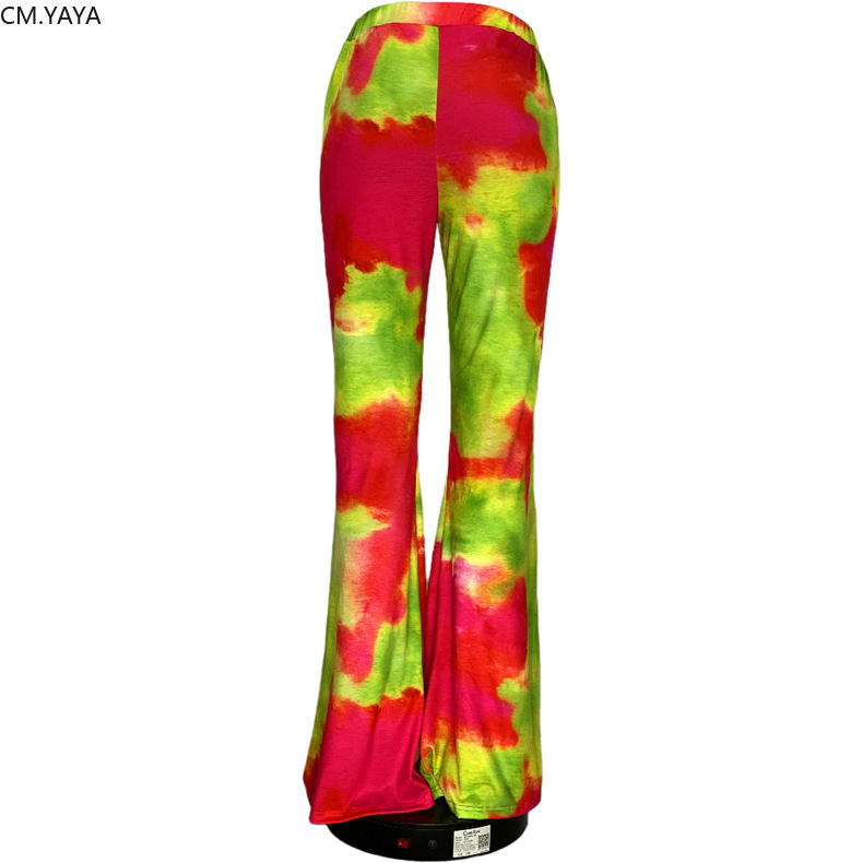 CM.YAYA Autumn Women Fashion Tie Dye Print High Waist Skinny Flare Pants Vintage Bell Bottom Jogger Sweatpants Trousers