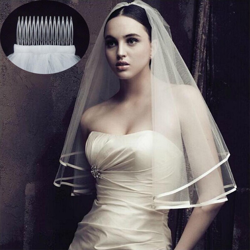 2018 New Arrival Wedding Accessories Two Layer Ribbon Edge White Ivory Wedding Veils Bridal Veil With Comb