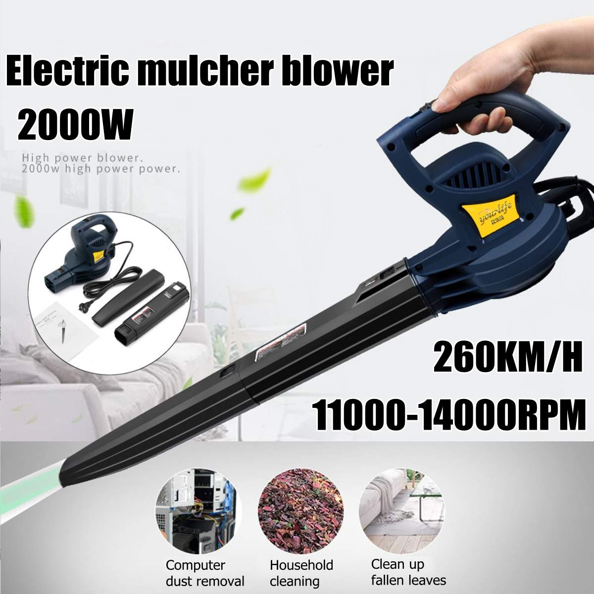 2000W 11000-14000rpm 260km/h Electric Portable Electric Blower Air Blower Air Blowing Machine Dust Leaf Air Blower