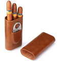 High Quality 3-Finger Humidors Portable Cigar Box Brown Cigar Leather Case with Cigar Cutter