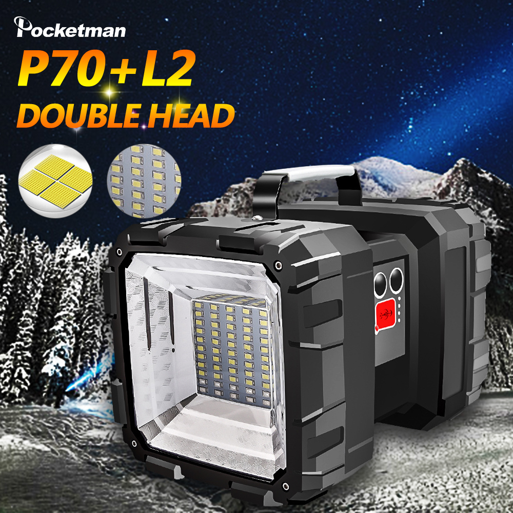 Super bright L2 / P70 double head flashlight portable outdoor searchlight emergency light work light USB rechargeable