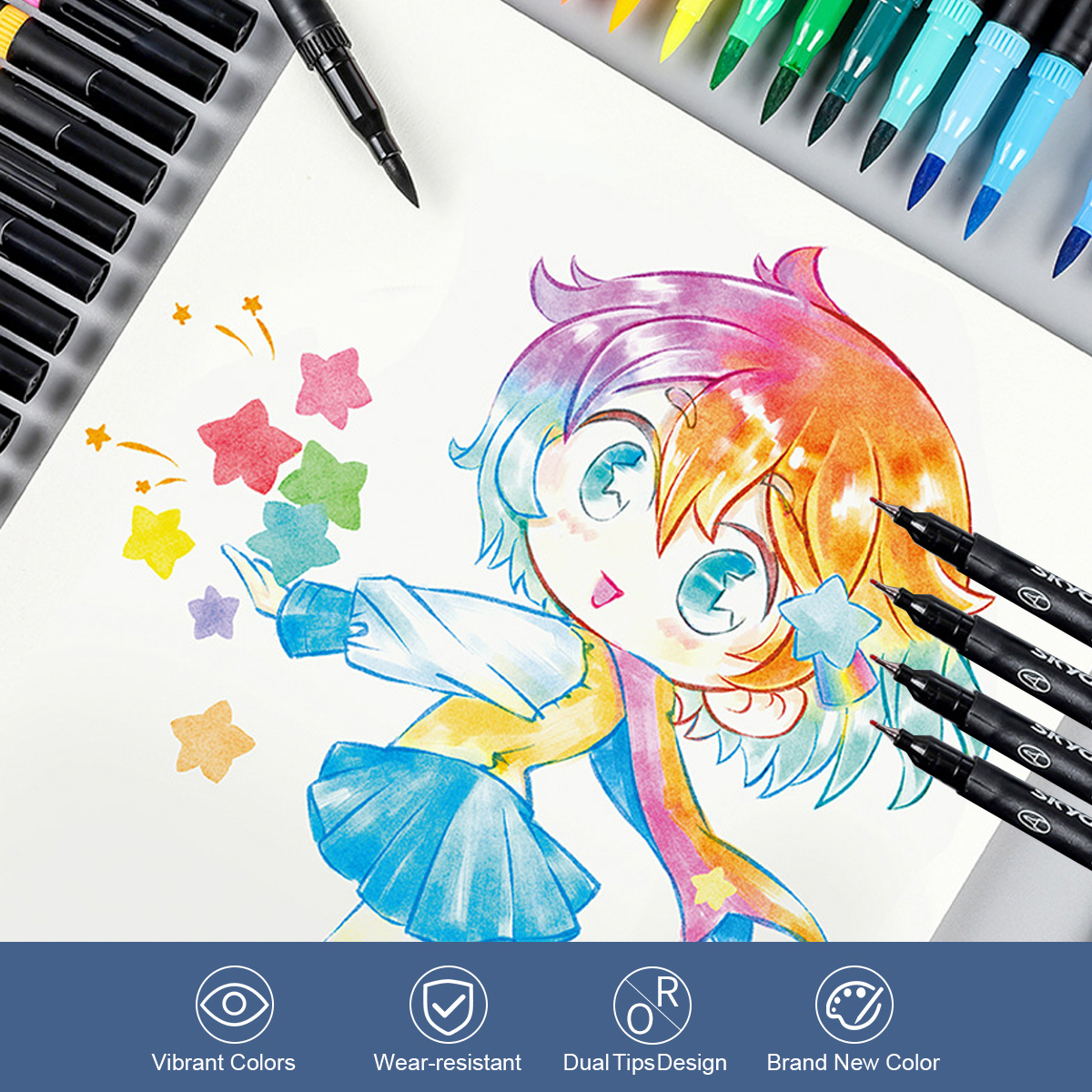 24 Colors Dual Tip Brush Pens with 0.4mm Fineliner&Fiber Brush Tip Art Markers Water Based Ink Color Pens Supplies for Children