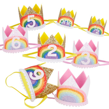 0-9 Rainbow Birthday Crown Party Hats Boy Girl Kids One Year Princess Crown Headband Baby Shower 1st Birthday Decor Party Supply