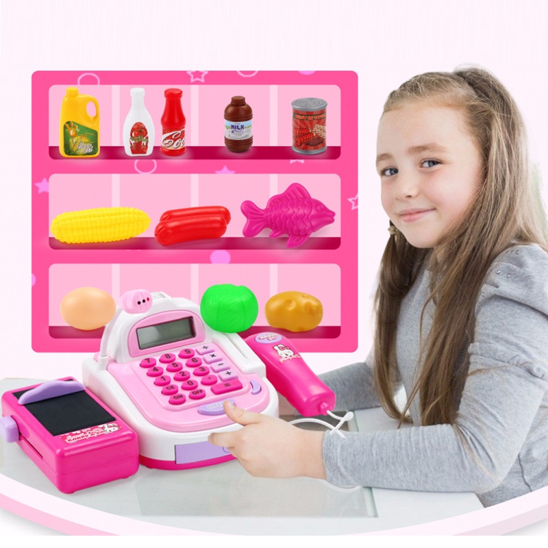 Kids Supermarket Checkout Counter Electronic Toys Pretend Play with Foods Basket Money Simulation Gifts Boys Girls Cash Register