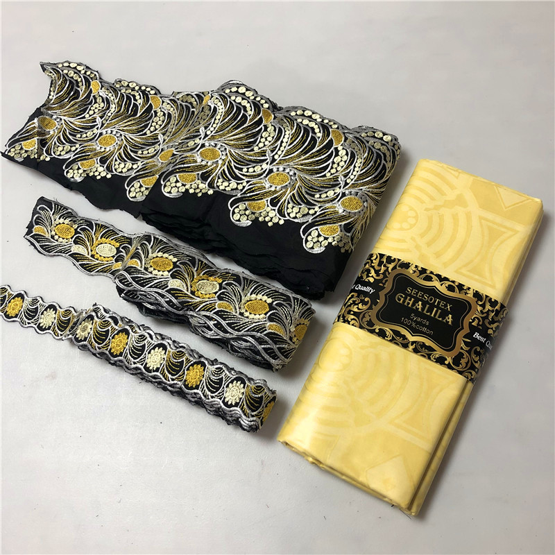 New Pure Cotton African Ghalila Bazin Riche Fabric 5yards with 3pcs 5yards cord lace matching guipure lace fabric with bazin