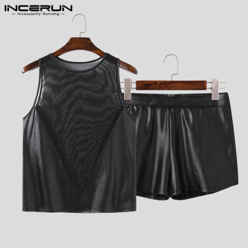 Sexy Transparent Men Sets 2020 Sleeveless Mesh PU Leather Patchwork Tops Fashion Shorts Party Nightclub Mens Suit S-5XL INCERUN