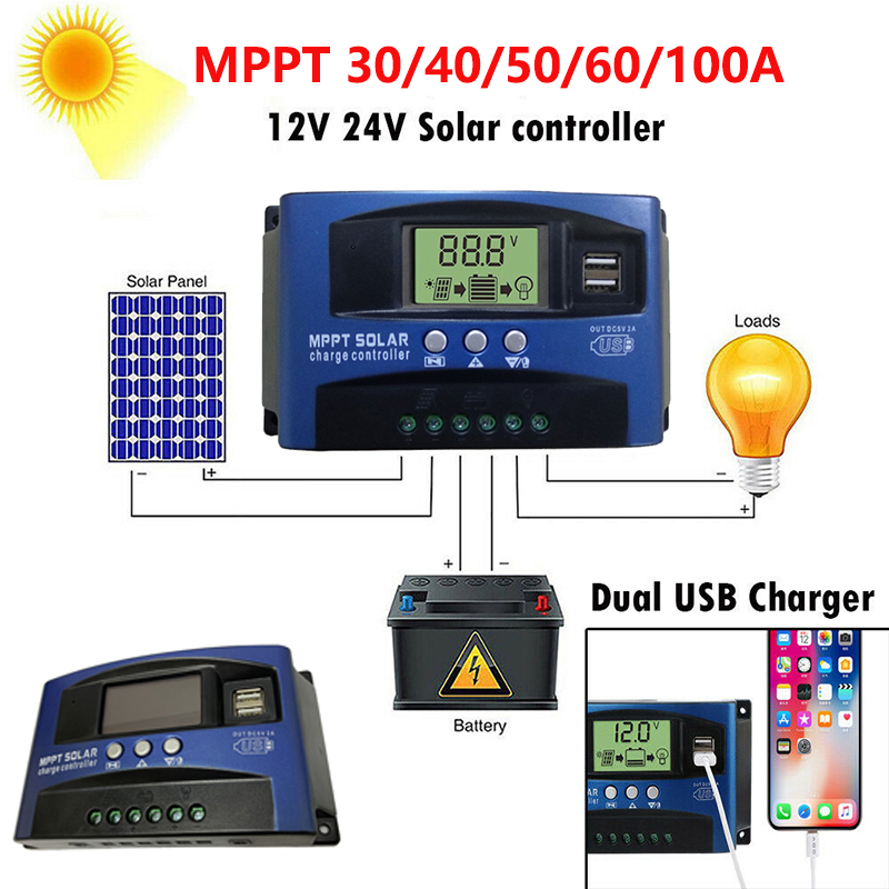 Solar MPPT 100A 60A 50A 40A 30A Charge Controller Dual USB LCD Display 12V 24V Solar Cell Panel Charger Regulator with Load