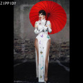 Butterfly Pattern Slit Cheongsam White Elastic Long Dress Gloves Women Dancer Singer Bar Outfit Birthday Prom Dress