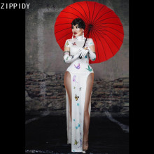 Butterfly Pattern Slit Cheongsam White Elastic Long Dress Gloves Women Dancer Singer Bar Outfit Birthday Prom Dress