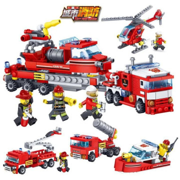 4IN1 City Fire Fighting Building Blocks Fire Ladder Truck Helicopter Rescue Boat water gun car Firemen Building Blocks Kids Toys
