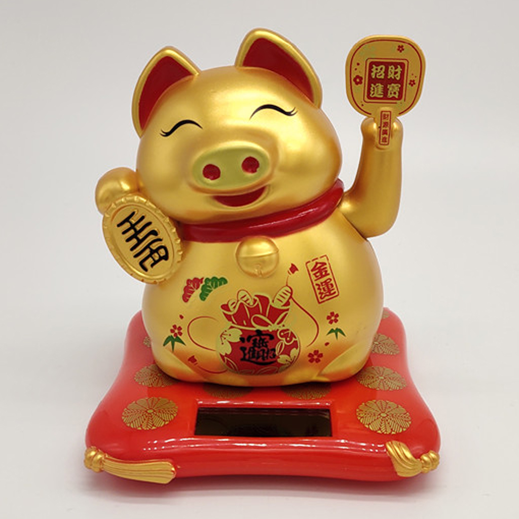 Cute Solar Powered Lucky Golden Pig Waving Arm Model for Home Office Car Decoration Solar Toys