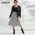 SHEIN Black And White All Over Print Split Thigh Sexy Skirt Women Bottoms 2019 Autumn Fashion Ladies Zipper Midi A Line Skirts