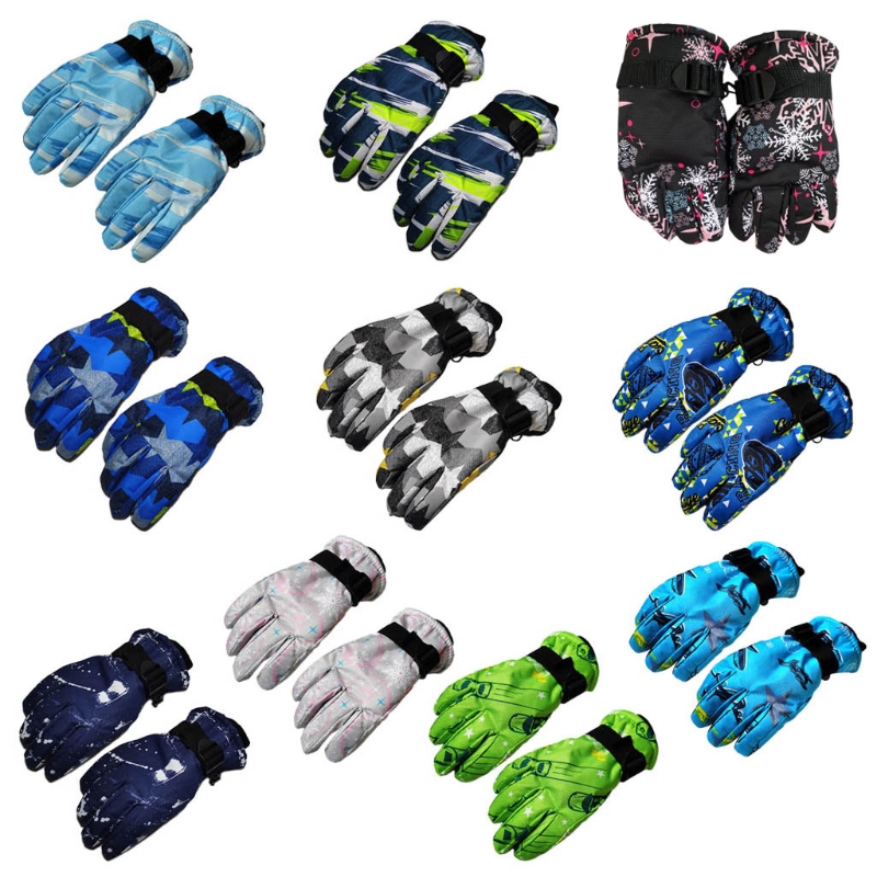 Kids Fashion Print Ski Gloves Winter Snow Snowboard Windproof Waterproof Adjustable Wrist Thicken Mitten