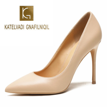 KATELVADI 10CM High Heels Shoes Women Pumps Beige Split Leather Woman Shoes Sexy Pointed Toe Wedding Party Shoes K-358