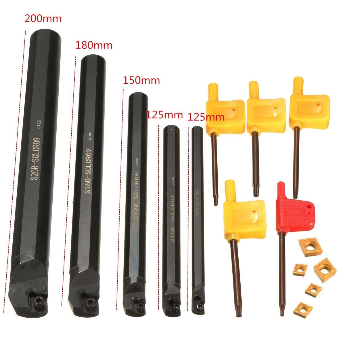 5Pcs 7/10/12/16/20mm SCLCR09 Lathe Boring Bar Turning Tool Holder Set+5Pcs CCMT060204 Inserts Blades Lathe Tools