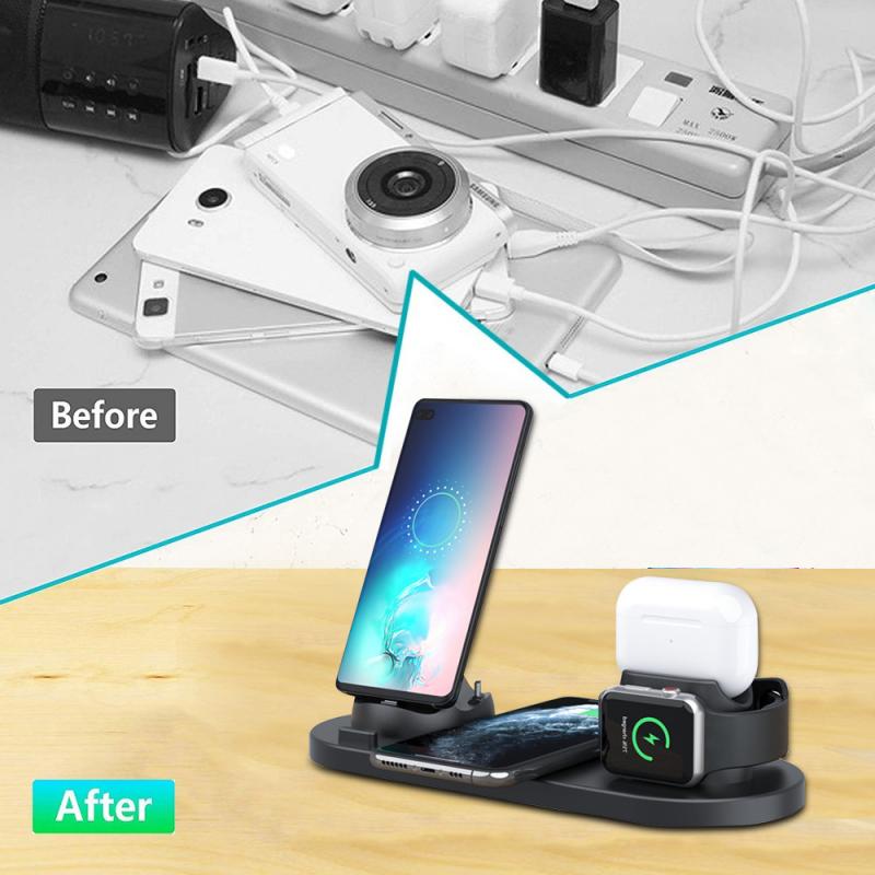 10W Qi Wireless Charger Stand For iPhone 11 Pro XS Max XR 6 in 1 Fast Charging Dock Station For Apple Watch 2 3 4 5 AirPods Pro