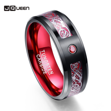 Scrub Red Zircon Men Rings Pure Tungsten Carbide Wedding Bands Anillos Para Hombres Ring With Sliver Color Dragon Pattern