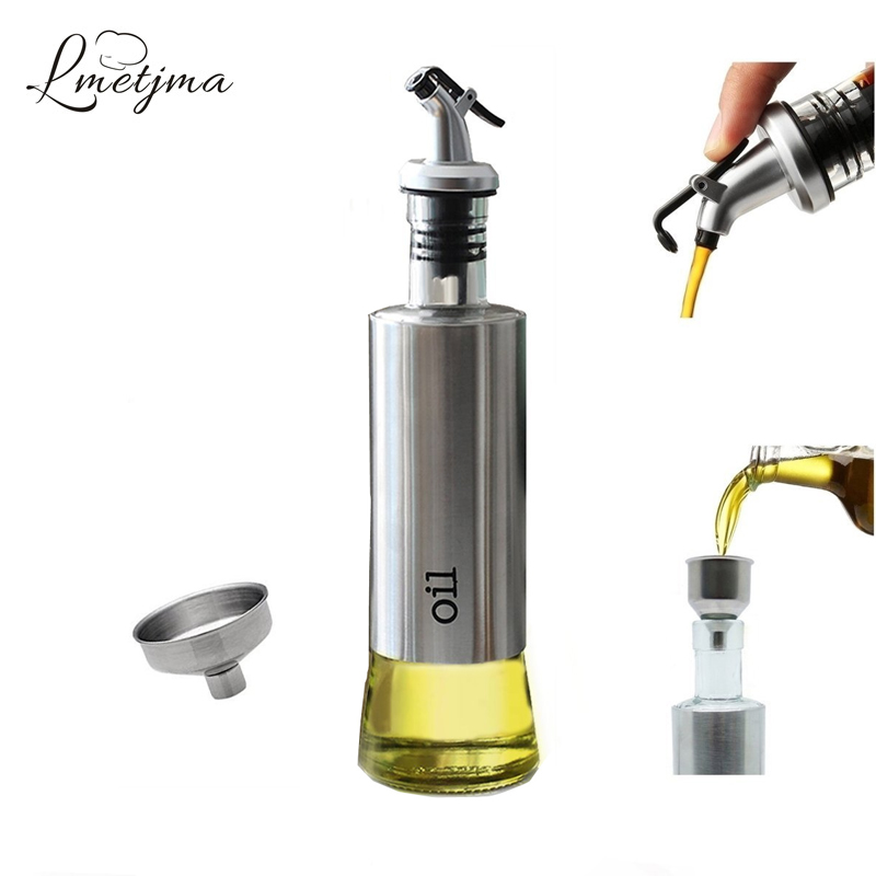 LMETJMA 300ML Olive Oil Dispenser Bottle with Funnel Stainless Steel Oil Pourer Dispensing Bottles Oil Vinegar Sauce Bottle