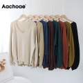 Aachoae Casual Solid V Neck Sweater Women Irregular Long Sleeve Pullover Sweaters Base Loose Lady Sweaters Sueter Mujer 2020