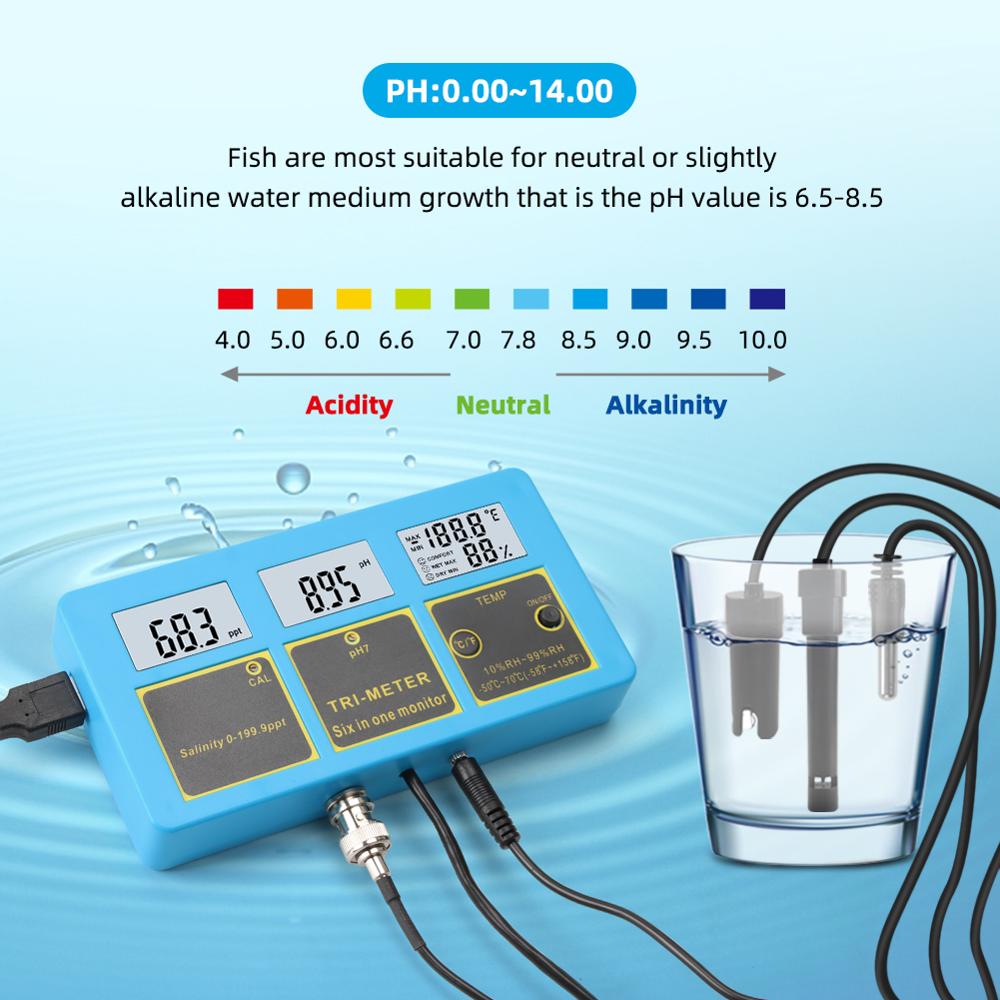 yieryi 4 in 1 Online PH Salinity Temperature Humidity Water Quality Food Beverages Salt Content Aquarium Seawater ATC Meter