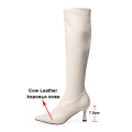Meotina Winter Knee High Boots Women Natural Genuine Leather Thin High Heel Long Boots Slim Stretch Zipper Shoes Lady Fall 34-39