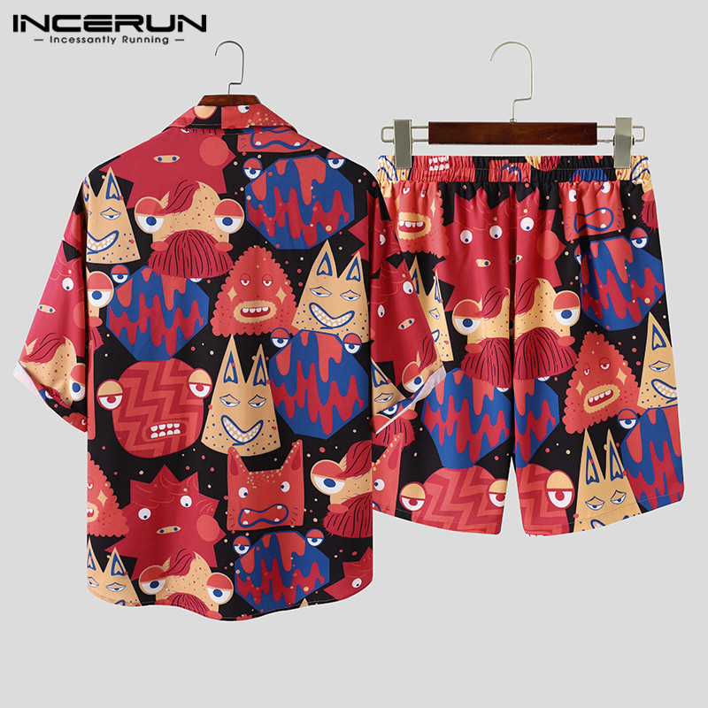 INCERUN Fashion Men Hawaiian Sets Printed Loose 2020 Short Sleeve Lapel Shirt & Shorts Streetwear Summer Casual Chic Men's Suits