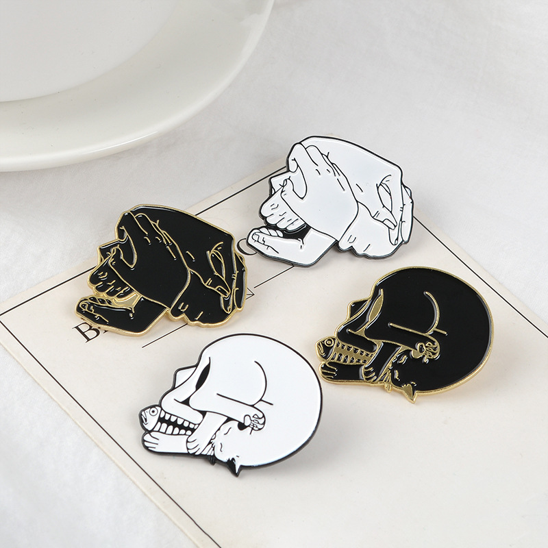 Cartoon pin, creative personality, skull shape brooch, cute black and white cat, fish bone clothing badge, gift for friends