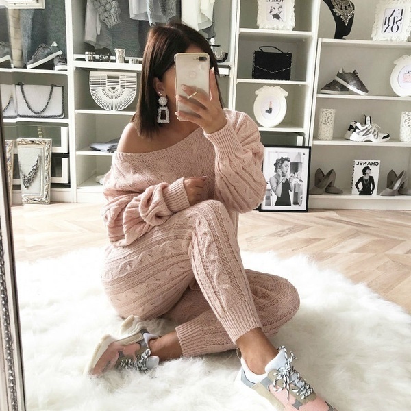 2020 Women's Fashion 2 Piece Set Jogging Suit Casual Knitted Pullover Tracksuit Warm Sweater Long Pants Sweatshirts Outfits