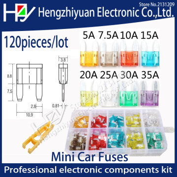 Hzy 120pcs/lot/Box 5A 7.5A 10A 15A 20A 25A 30A 35A+Clip AMP New mini Auto Automotive Car Boat Truck Blade Fuse Box Assortment