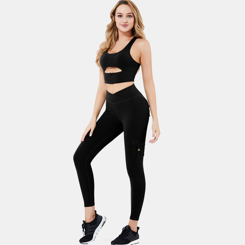 NCLAGEN Yoga Set 2 Piece Fitness Suit Sport Leggings More Pocket Top Zipper Hollow Out Gym Sportwear Elastic Workout Clothes
