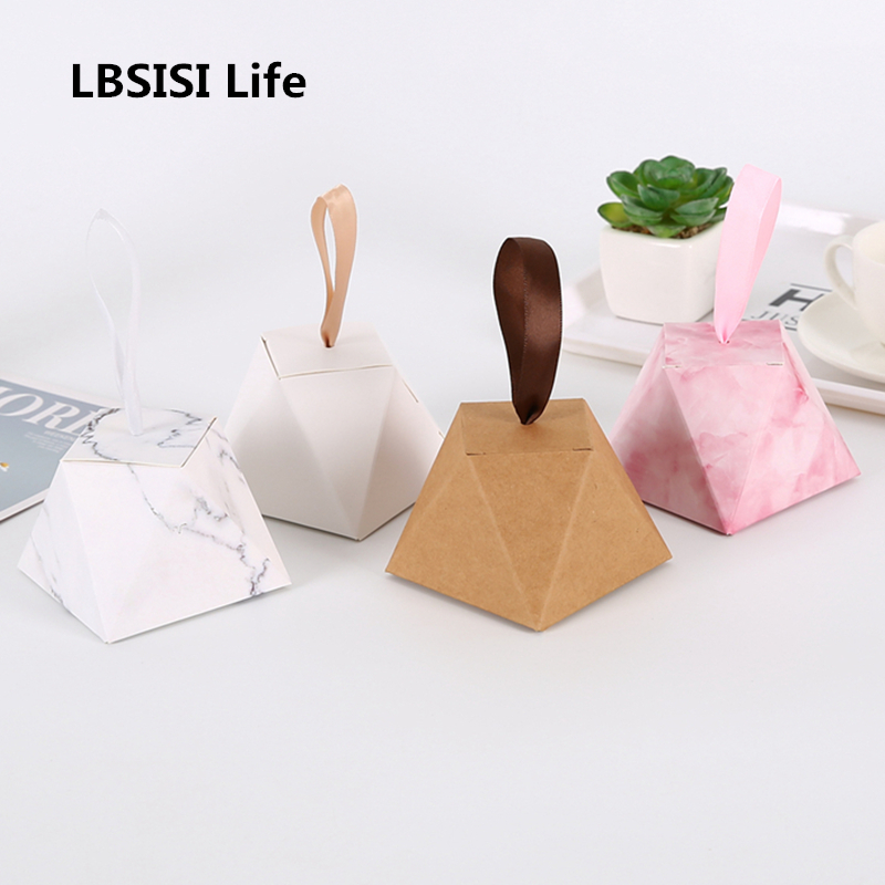 LBSISI Life 20pcs 8x8x6cm Diamond Shape Candy Packaging Paper Box Baby Shower Party Specially Gift Decoration Favor With Ribbon
