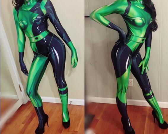 Kim Possible Shego Costume Movie Super Villain Halloween Spandex Cosplay 3D Print Shego Zentai Body Suit Adults Kids