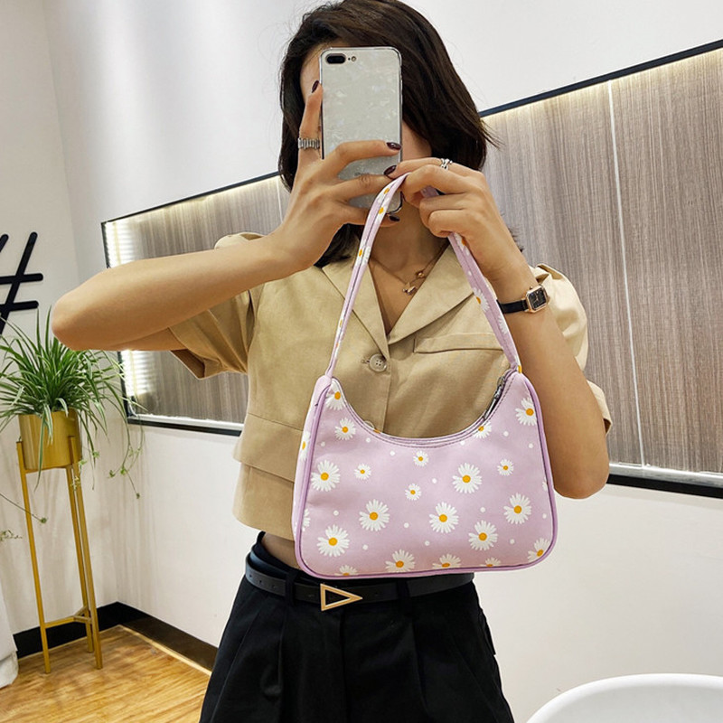 Classic Texture Fashion Flower Daisy Women Handbag Portable Creative Design Chic Nylon Underarm Shoulder Tote Baguette Bags