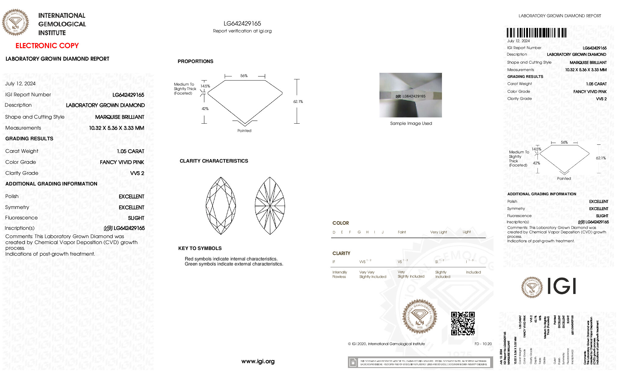 IGI report for a 1.05 carat Fancy Vivid Pink VVS2 marquise lab grown diamond