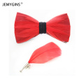 JEMYGINS New listing handmade solid color peacock feather bow tie brooch set high quality men bow tie wedding party gift Cravat