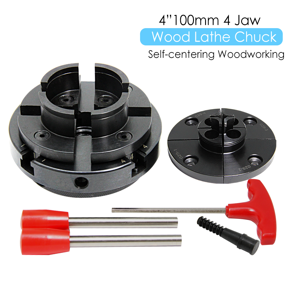 4" 100mm Wood Lathe Chuck 4 Jaw Self Centering Woodworking Machine Turning Tool Accessories with 2 Jaw Sets for DIYers Hobbies