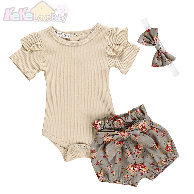 Newborn Baby Girl Clothes Set Summer Solid Color Short Sleeve Romper Flower Shorts Headband 3Pcs Outfit New Born Infant Clothing