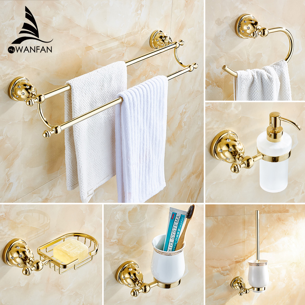 Bathroom Accessories Bath Hardware Set Golden Color Toilet Paper Holder Towel Rack Tissue Holder Cup Holder Robe Hook 5500K