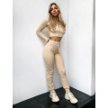 Ribbed Knitted Women 's Set Long Sleeve Hoodie Sweatshirt Pencil Pants Suit Active Tracksuit Two Piece Set Fitness Outfits 2020