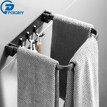 Punch-free Black Towel Holder Ring Square Wall Mounted Bath Towel Rack Aluminum Bathroom Accessories Foldable Towel Bar 3 Hooks