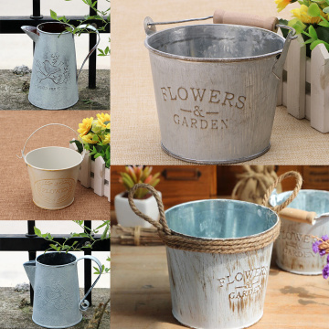 Shabby Chic Galvanised Metal Iron Flower Buckets Plants Planter Pot Bucket Flower Vases Home Balcony Floral Decor