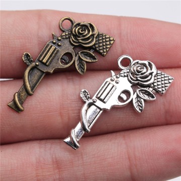 WYSIWYG 10pcs 31x19mm Antique Silver Color Antique Bronze Flower Gun Pendants Pistol Pendants Charm Flower Gun Pendants Flower