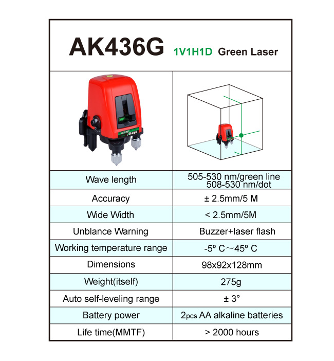 ACUANGLE AK436G Nivel Laser Level 2Line 1 Dots 1V1H 360 degree Self-leveling Cross horizontal vertical Green Line Lazer Levels