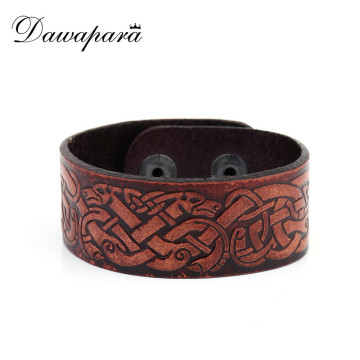 Dawapara Vintage Chinese Dragon Knot Mens Leather Cuff Wristband Charm Hidden Clasp Viking Jewerly for Gift